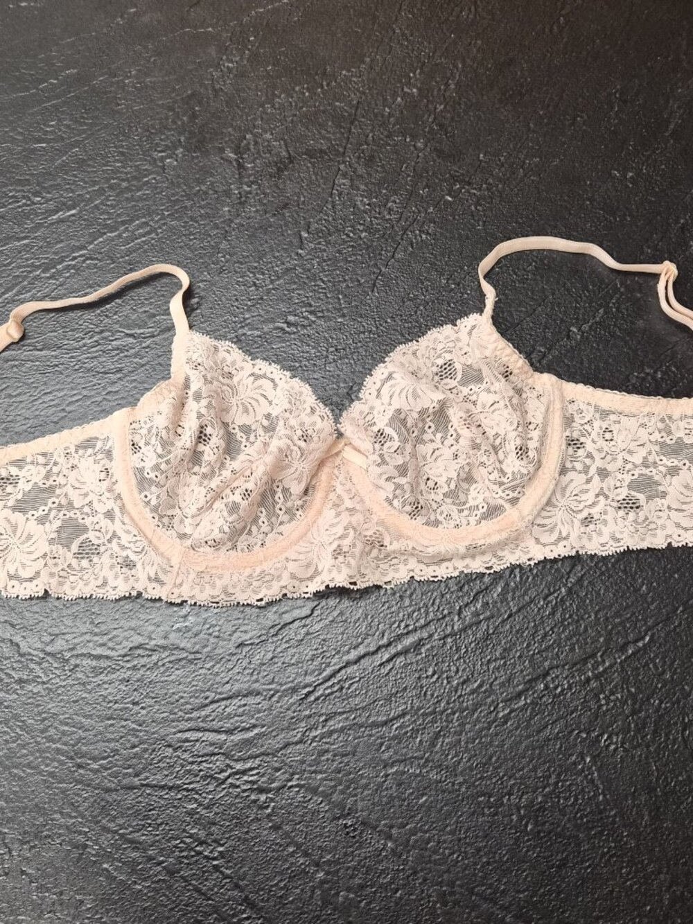Vtg 90s Valmont Peach Lace Bra 34C Sheer Underwire Romantic Lingerie Union Made